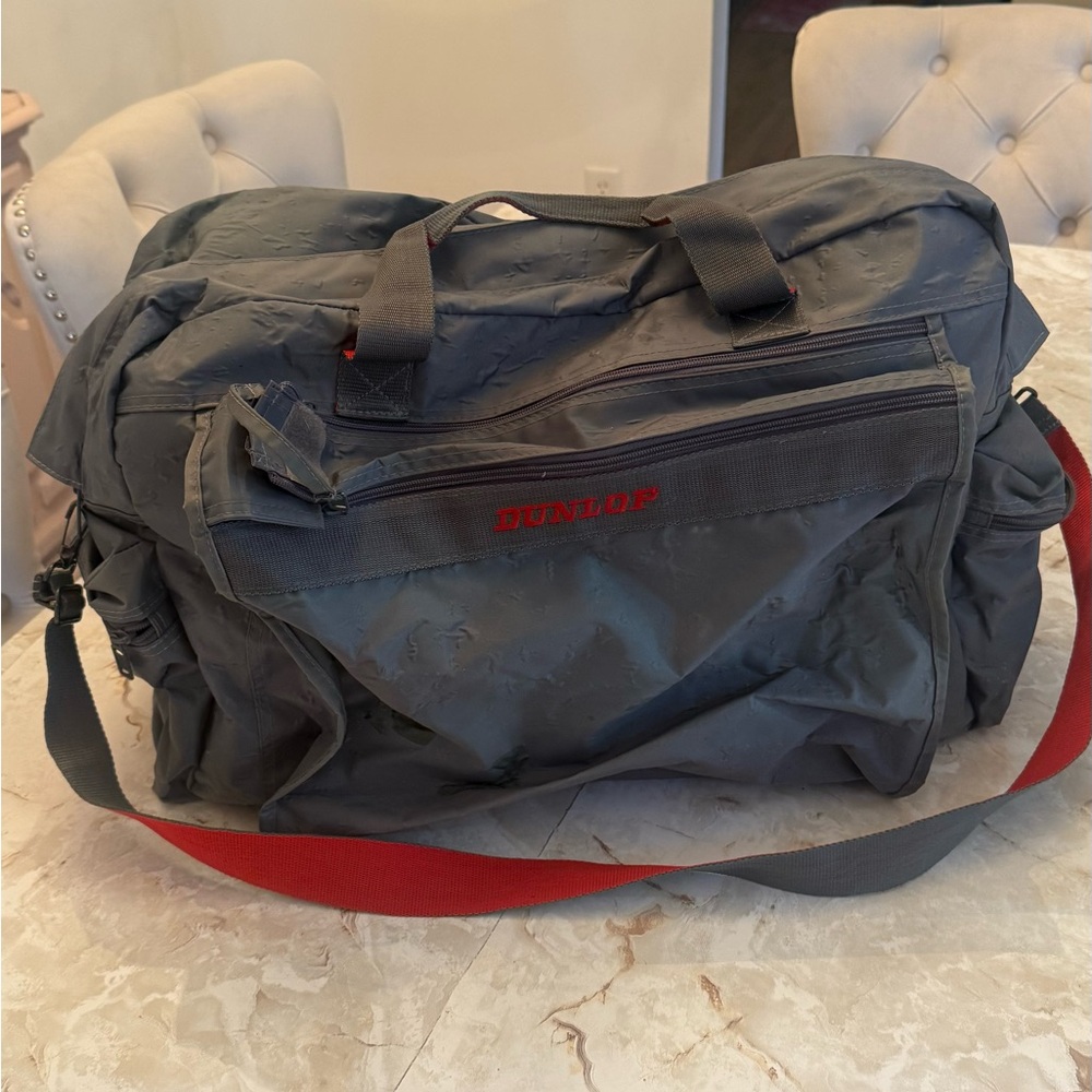Mens Gray Duffel Bag with Red Strap